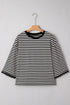 Striped Drop Shoulder Lace Trim Bracelet Sleeve Loose Top